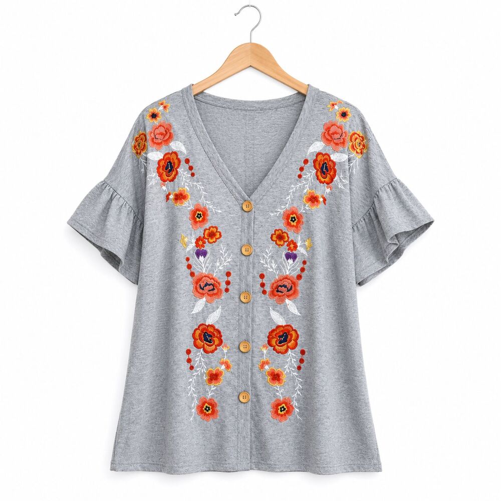 New UMGEE M 8 10 Gray Floral Embroidered Ruffle Sleeve Button Front Cotton Top